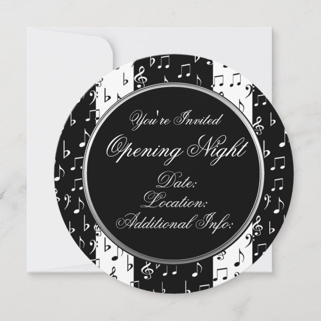 Black & White Musical Stripes Round Invitation (Devant)