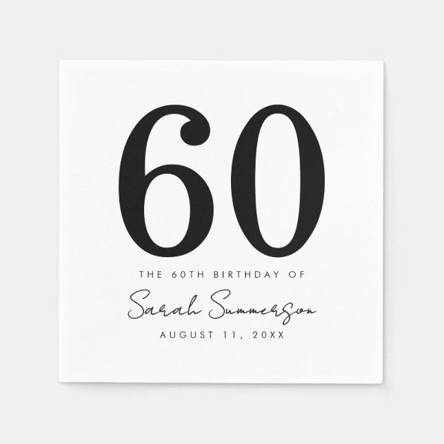 Black White Name Date Sixty 60th Birthday Party Serviette (Vorderseite)
