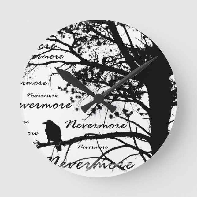 Black & White Nevermore Raven Silhouette Runde Wanduhr (Vorderseite)