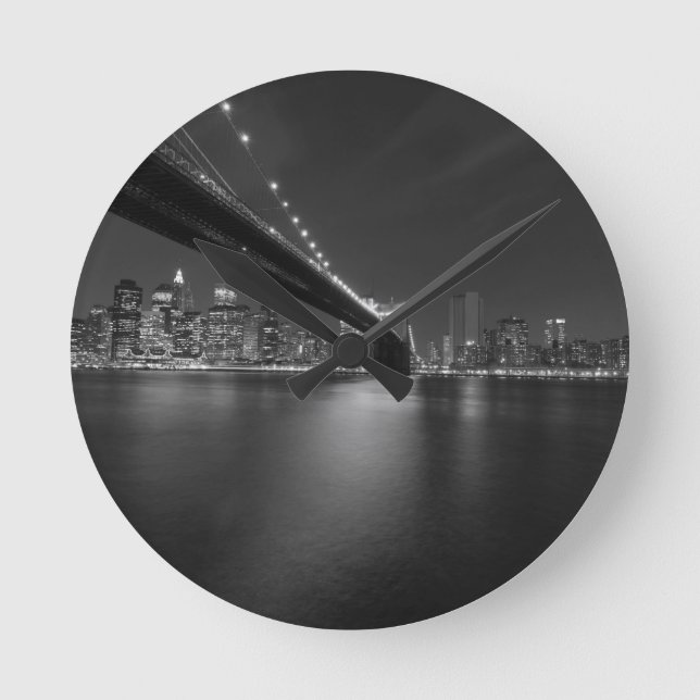 Black White New York City Skyline Runde Wanduhr (Vorderseite)