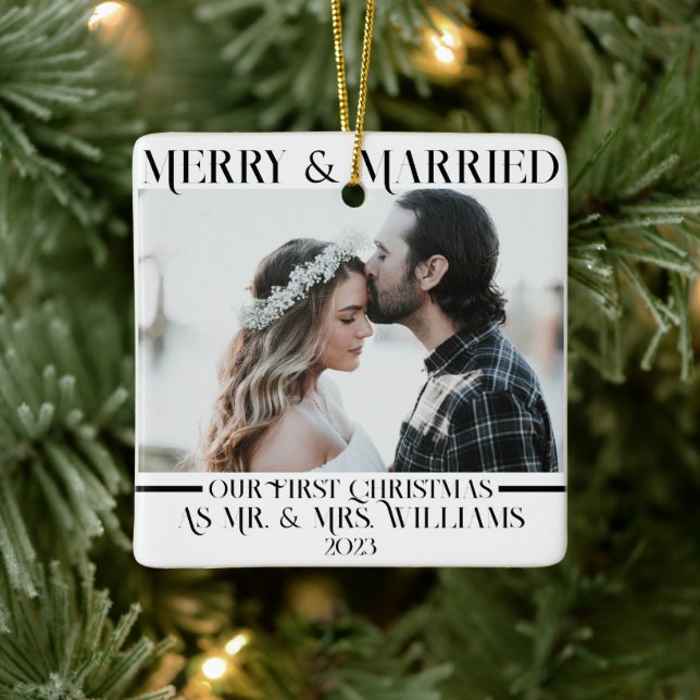 Black & White Newlyweds Mr & Mrs 1 Photo Christmas Keramikornament (Baum)