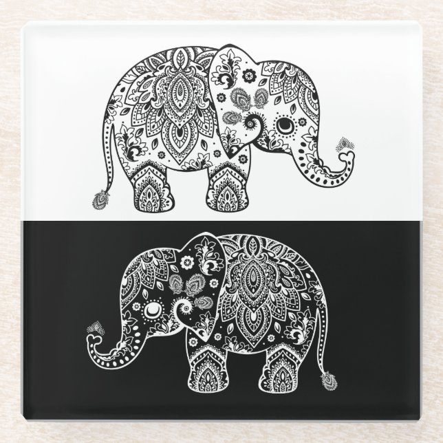 Black & White Paisley Lace Elephant Illustration Glasuntersetzer (Vorderseite)