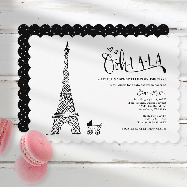 Black White Paris Baby shower français Invitation (Shown on a 5" x 7" card with scalloped edges)