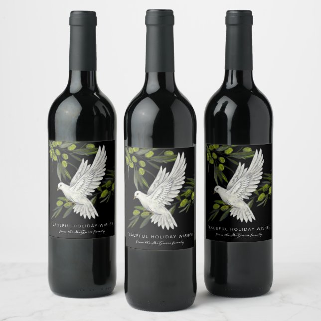 Black White Peace Dove and Olive Branches Custom Weinetikett (Flaschen)