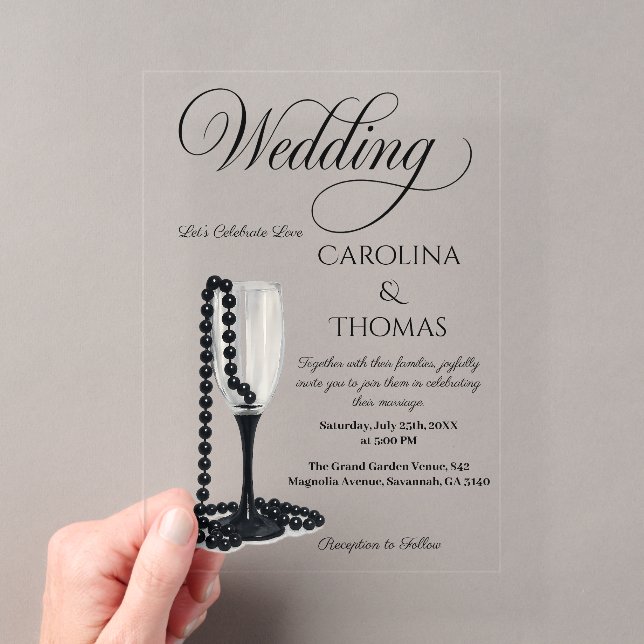Black & White Pearl Champagne Glass Wedding Acryleinladungen (Insitu (Handheld))