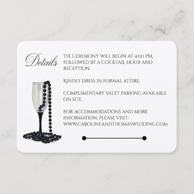 Black & White Pearl Champagne Glass Wedding Begleitkarte (Vorderseite)