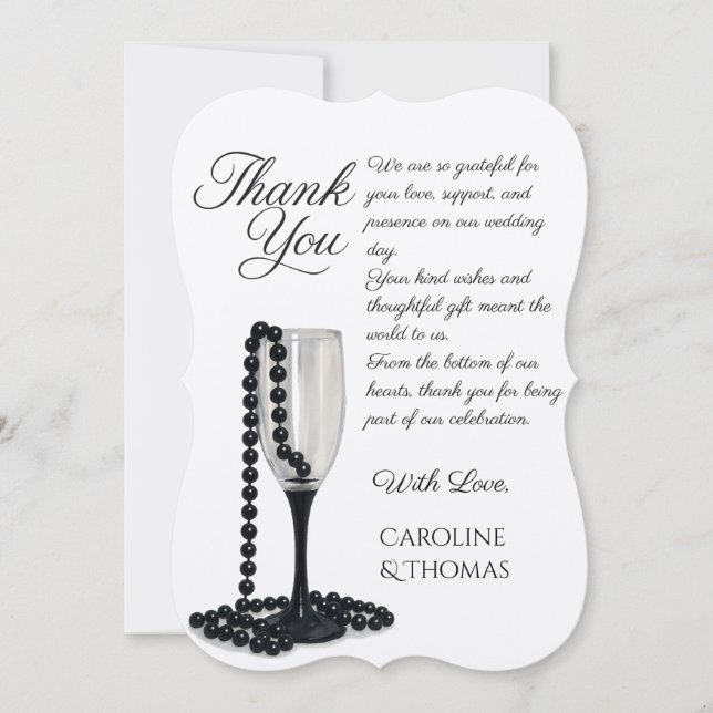 Black & White Pearl Champagne Glass Wedding Dankeskarte (Vorderseite)