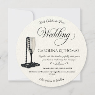 Black & White Pearl Champagne Glass Wedding Einladung