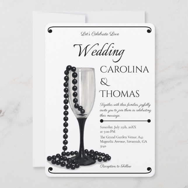 Black & White Pearl Champagne Glass Wedding Einladung (Vorderseite)