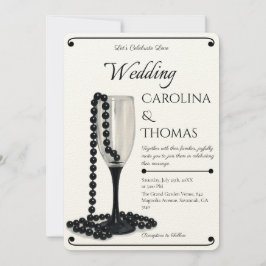 Black & White Pearl Champagne Glass Wedding Einladung