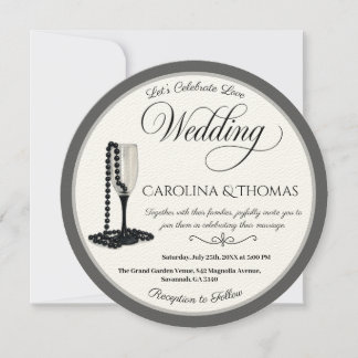 Black & White Pearl Champagne Glass Wedding Einladung