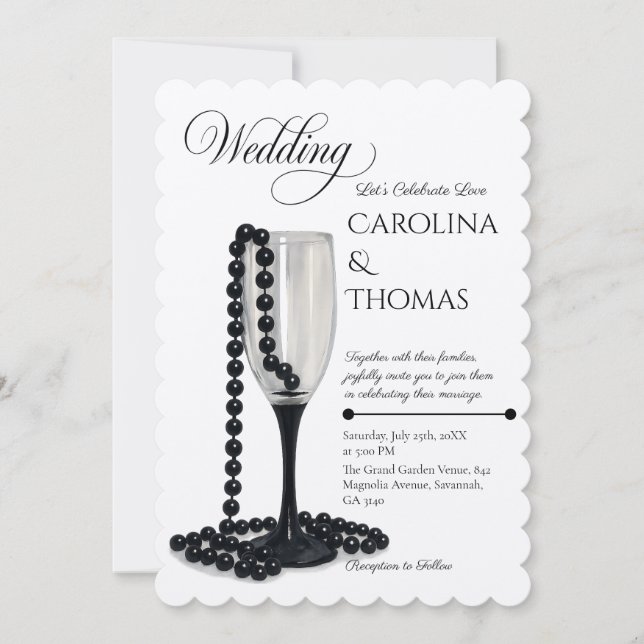 Black & White Pearl Champagne Glass Wedding Einladung (Vorderseite)