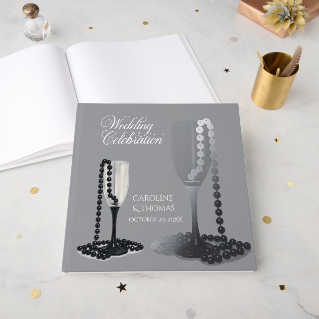 Black & White Pearl Champagne Glass Wedding Gästebuch (Vorderseite Offen)