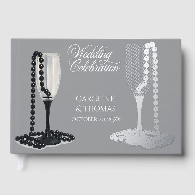 Black & White Pearl Champagne Glass Wedding Gästebuch (Vorderseite)