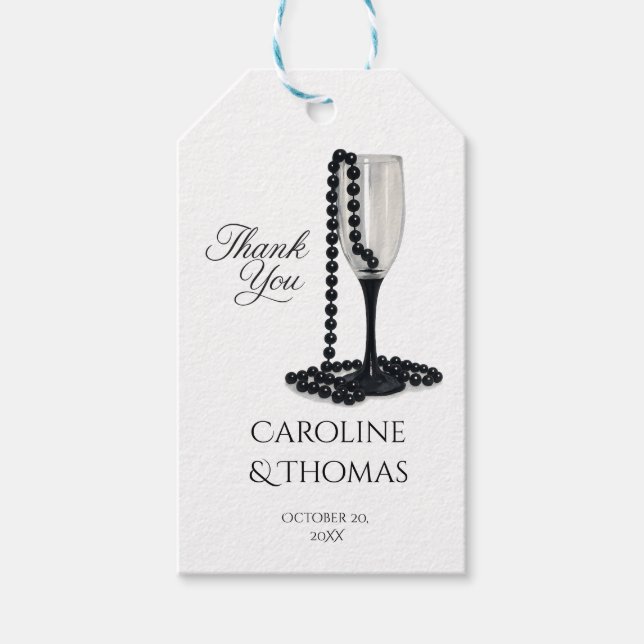 Black & White Pearl Champagne Glass Wedding Geschenkanhänger (Vorderseite)