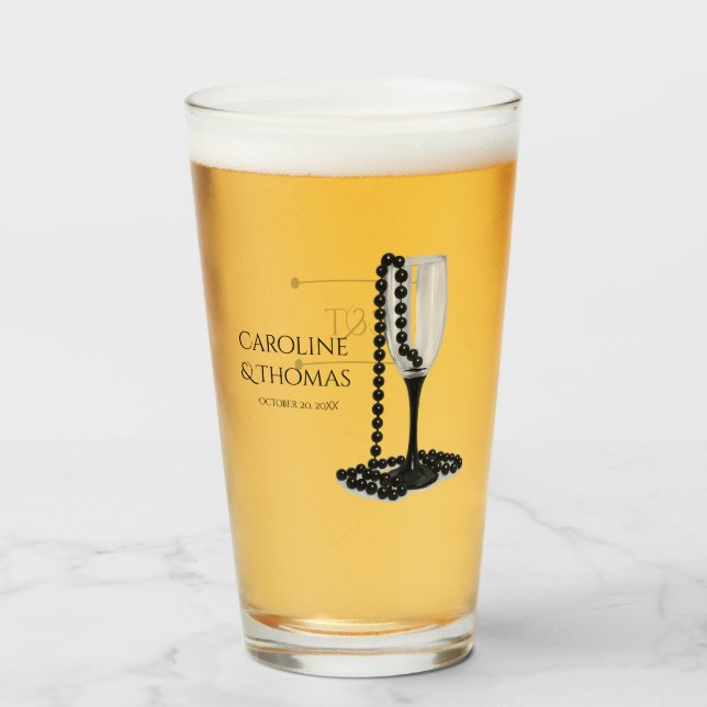 Black & White Pearl Champagne Glass Wedding Glas (Vorne (Gefüllt))