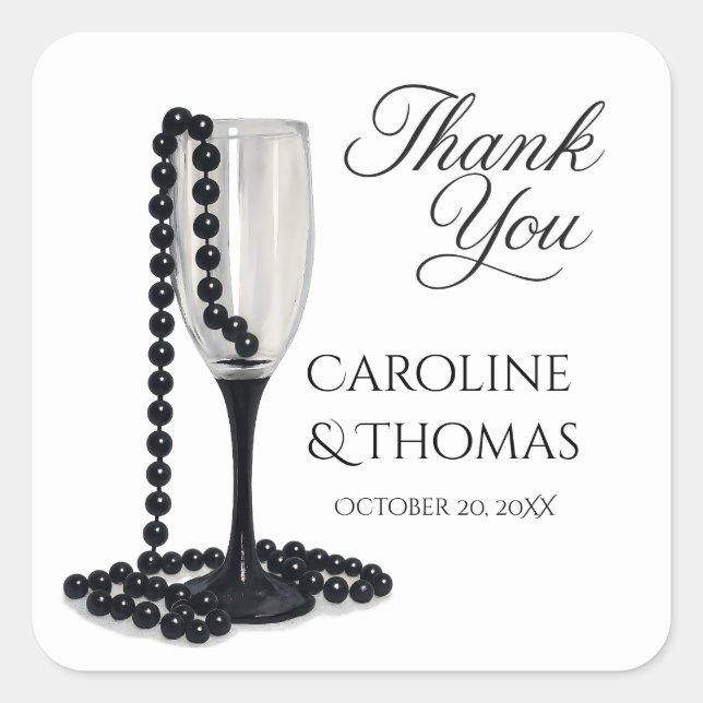 Black & White Pearl Champagne Glass Wedding Quadratischer Aufkleber (Vorderseite)