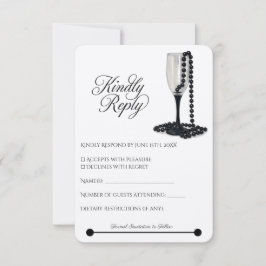 Black & White Pearl Champagne Glass Wedding RSVP Karte