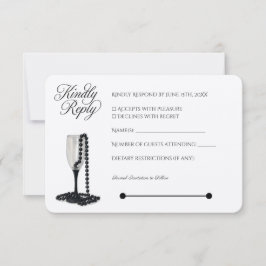 Black & White Pearl Champagne Glass Wedding RSVP Karte
