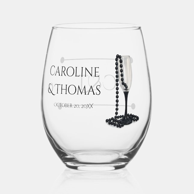 Black & White Pearl Champagne Glass Wedding Weinglas Ohne Stiel (Rückseite)