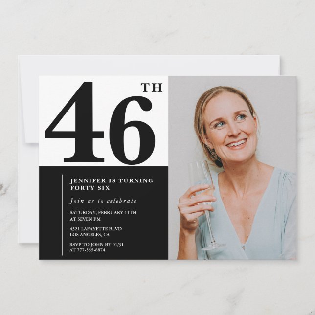 Black White Photo 46e anniversaire Invitations (Devant)