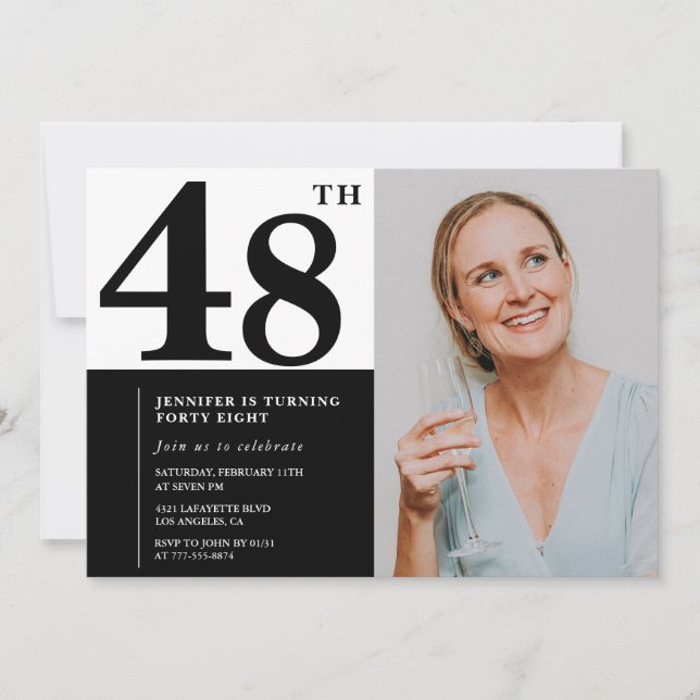 Black White Photo 48e anniversaire Invitations (Devant)
