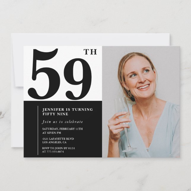 Black White Photo 59e anniversaire Invitations (Devant)