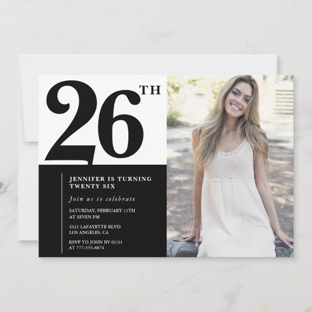 Black White Photo Invitations 26th Birthday (Devant)