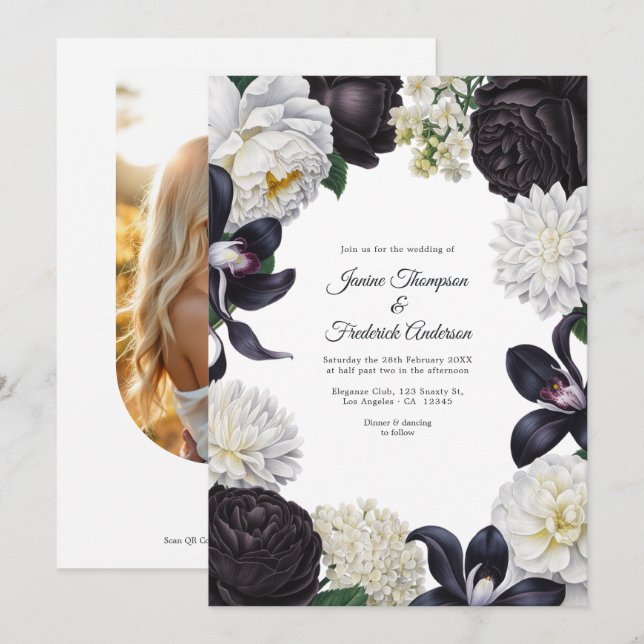 Black & White Photo/QR Code Floral Wedding Einladung (Vorne/Hinten)