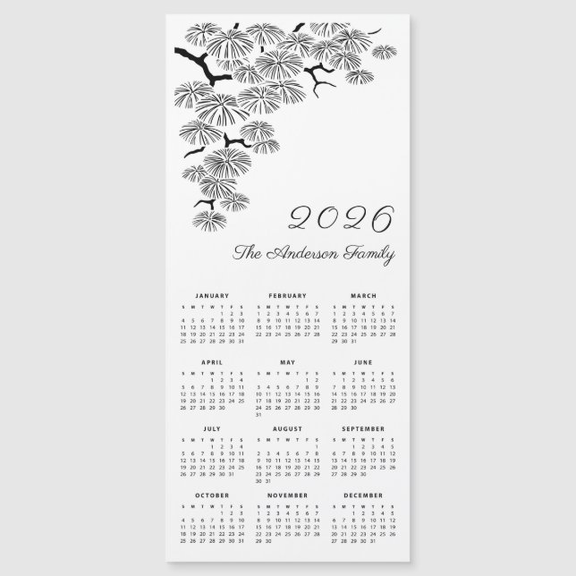 Black White Pine Branch Botanical Calendar 2026 Magnetkarte (Vorderseite)