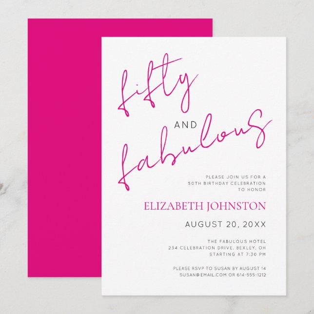 Black White Pink 50 and Fabulous Birthday Minimal Einladung (Vorne/Hinten)