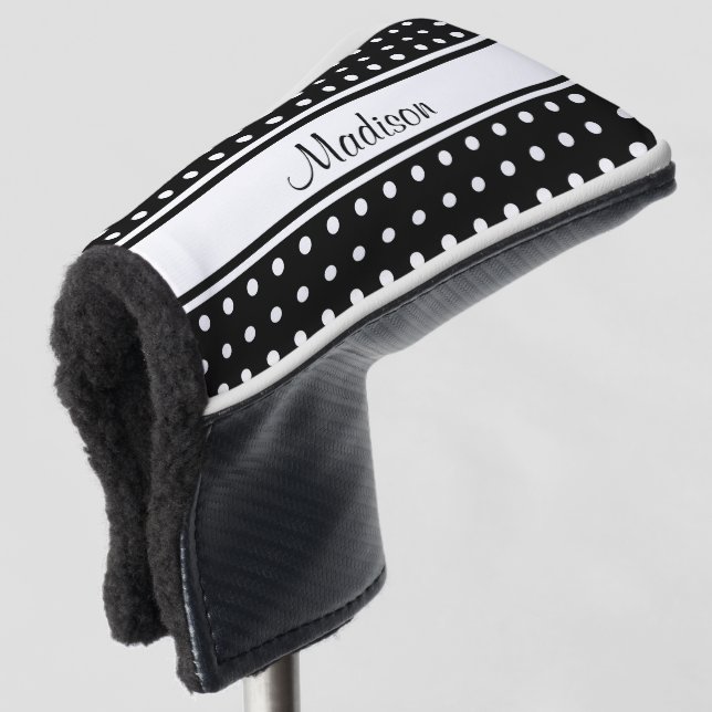 Black White Polka Dot Stripe Script Name Golf Headcover (3/4 Vorderseite)