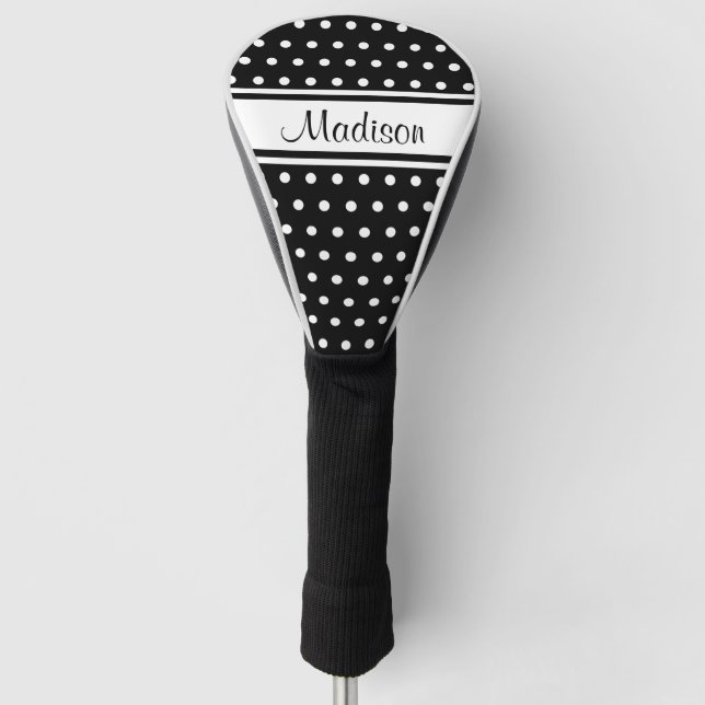 Black White Polka Dot Stripe Script Name Golf Headcover (Vorderseite)