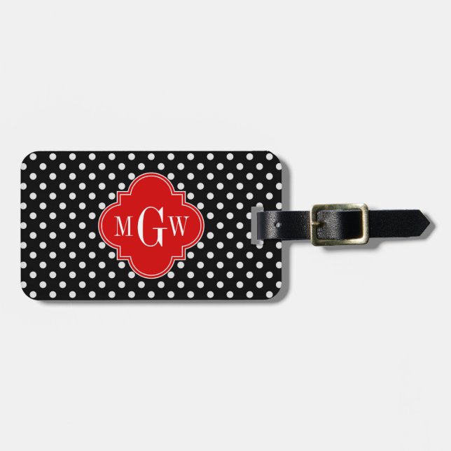 Black White Polka Dots Red Quatrefoil 3 Gepäckanhänger (Vorderseite horizontal)