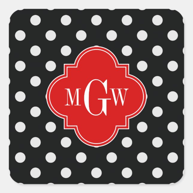 Black White Polka Dots Red Quatrefoil 3 Quadratischer Aufkleber (Vorderseite)