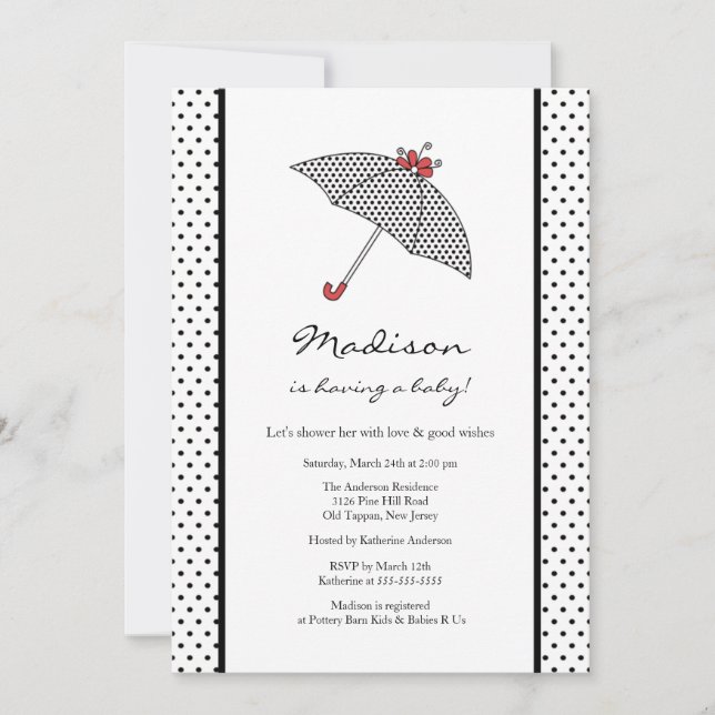 Black & White Polka Dots Umbrella Baby Dusche Einladung (Vorderseite)