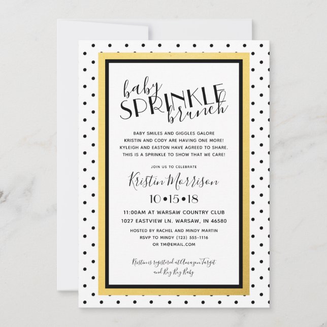 Black White Polkadot Gold Baby Sprinkle Invitation (Devant)