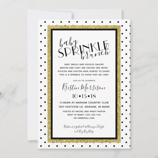 Black White Polkadot Gold Baby Sprinkle Invitation (Devant)