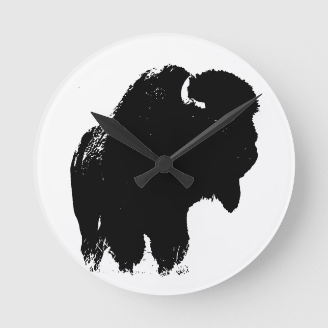Black & White Pop Bison Buffalo Runde Wanduhr (Vorderseite)