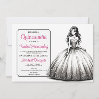 Black & White Quinceañera Girl Einladung