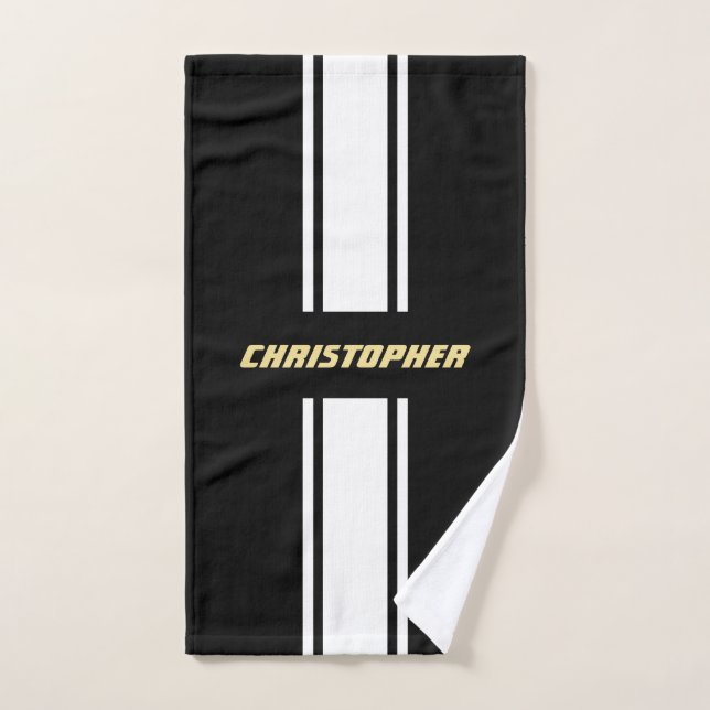 Black White Racing Stripes Faux Gold Monogrammed (Serviette à main)