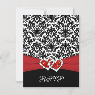 Black White Red Damask, Coeurs joints carte RSVP