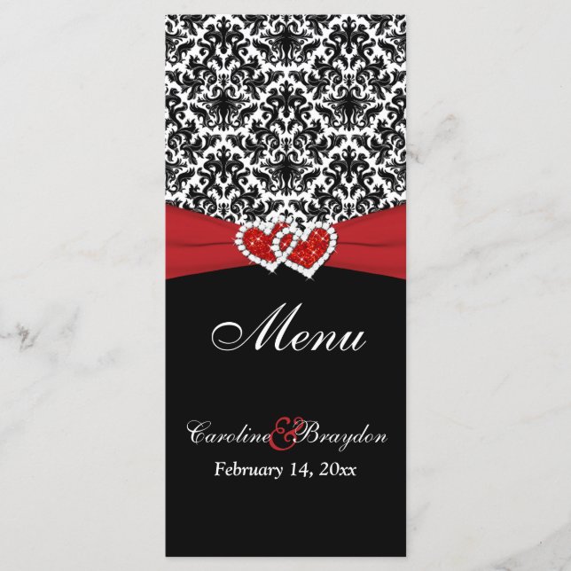 Black White Red Damask, Hearts Mariage Menu (Devant)