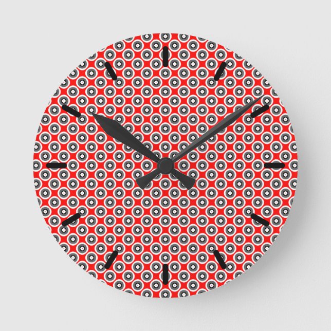 Black White Red Grey Pattern Runde Wanduhr (Vorderseite)