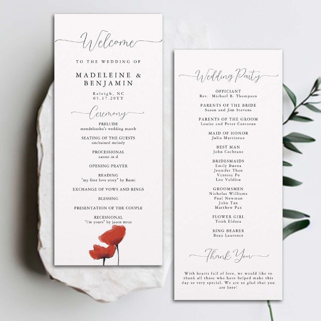 Black White Red Poppies Élégant programme de maria (wildflower poppies summer wedding ceremony program elegant art modern classic formal traditional)