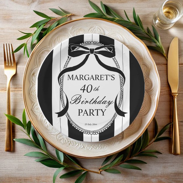 Black white retro stripes bow birthday monogrammed pappteller (Black white retro stripes bow birthday monogrammed paper plates personalized birthday party decor)