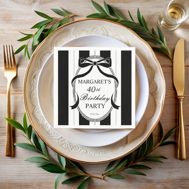 Black white retro stripes bow birthday monogrammed serviette (Black white retro stripes bow border adults birthday party elegant monogrammed printed napkins)