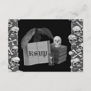 Black & White Romance Skull Spellbook Hochzeit RSVP Karte