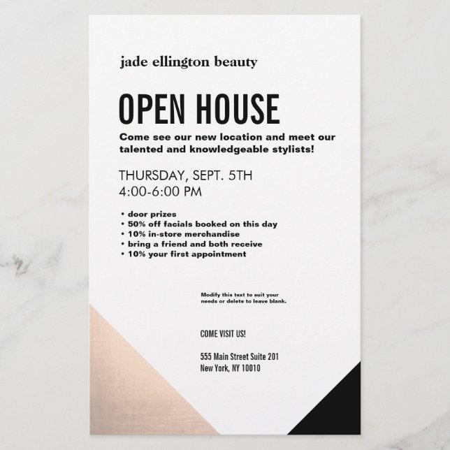 Black White, Rose Gold Hair Salon Open House Flyer (Vorne)