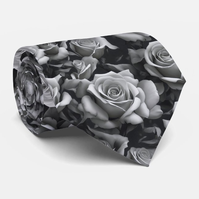 Black & White Rose Neck Tie Krawatte (Gerollt)